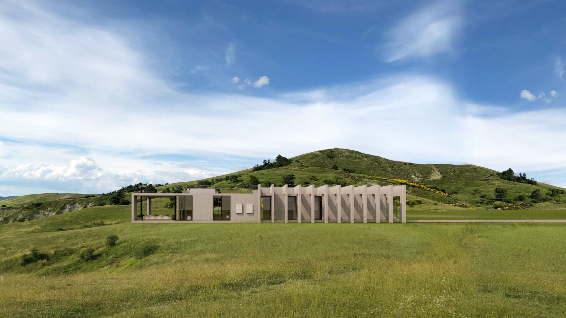 A grassy field with a building in the background.