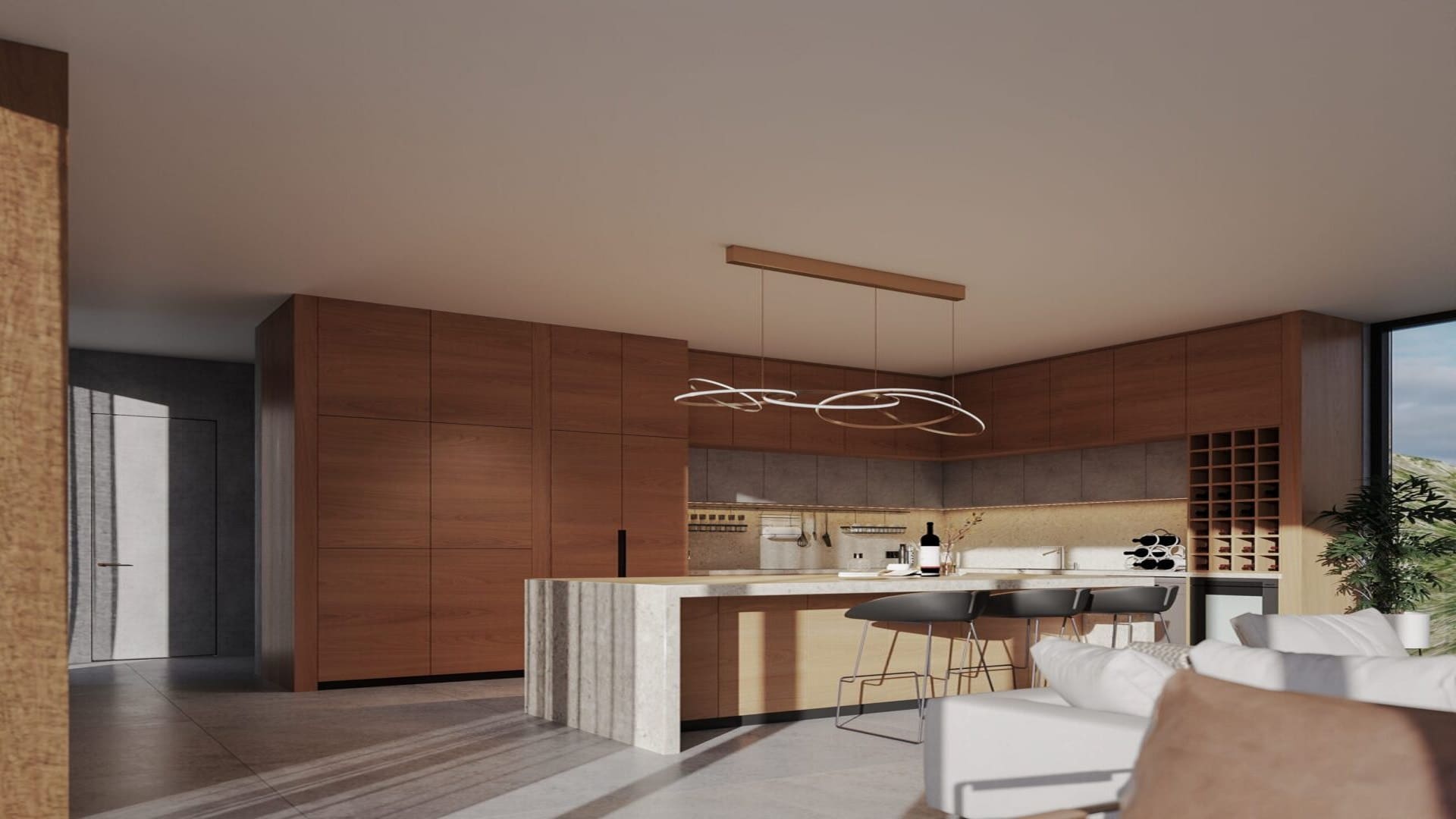 A kitchen with wooden cabinets and white counters.