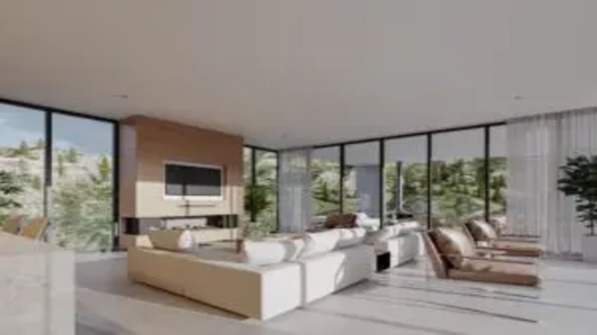 a living room with sofa, chairs and TV